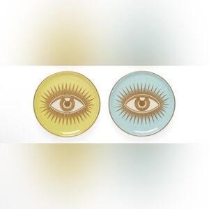 Jonathan Adler Le Wink Coasters Yellow Blue Porcelain Evil Eye Gold Plates - 2